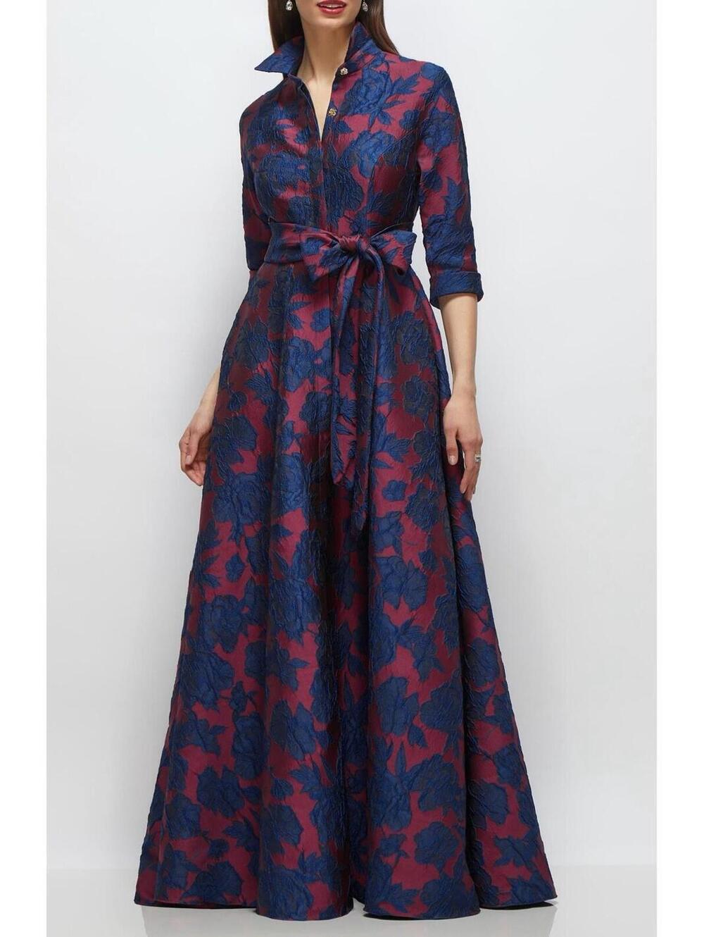 New After Six Floral Jacquard Shirtdress Gown In Burgundy Navy Floral Sz M $365